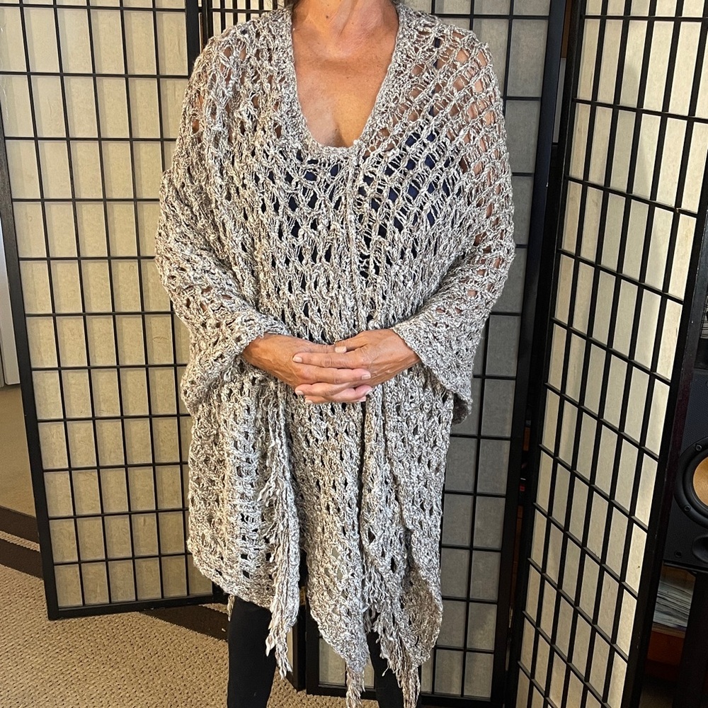 Free People Open-Knit Poncho in Cream and Gray